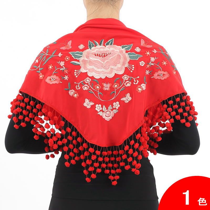 ■翌営業日出荷■マドローニョのついた刺繍のショール Jardin(ハルディン) 赤×中央の花:ピンク系[フラメンコ用][スペイン直輸入] の商品写真