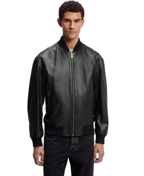 【送料無料】 ヒューゴボス メンズ ジャケット・ブルゾン アウター Mens Leather Bomber Jacket Black