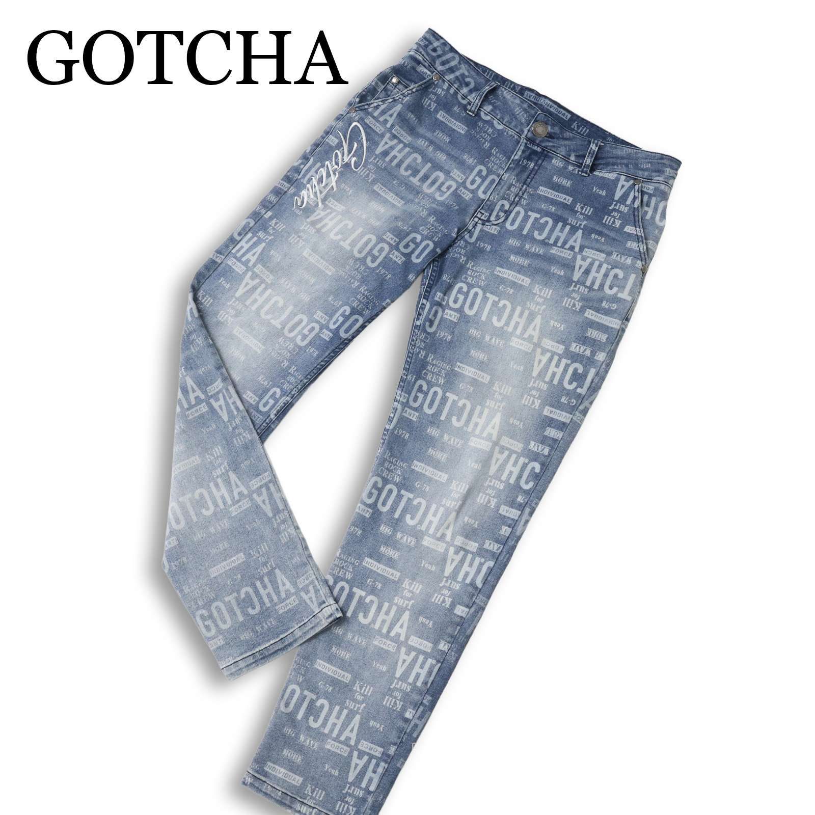 23SS GOTCHA ガッチャ 通年 ストレッチ USED加工 ロゴ総柄 スキニー デニム パンツ ジーンズ Sz.M メンズ サーフ