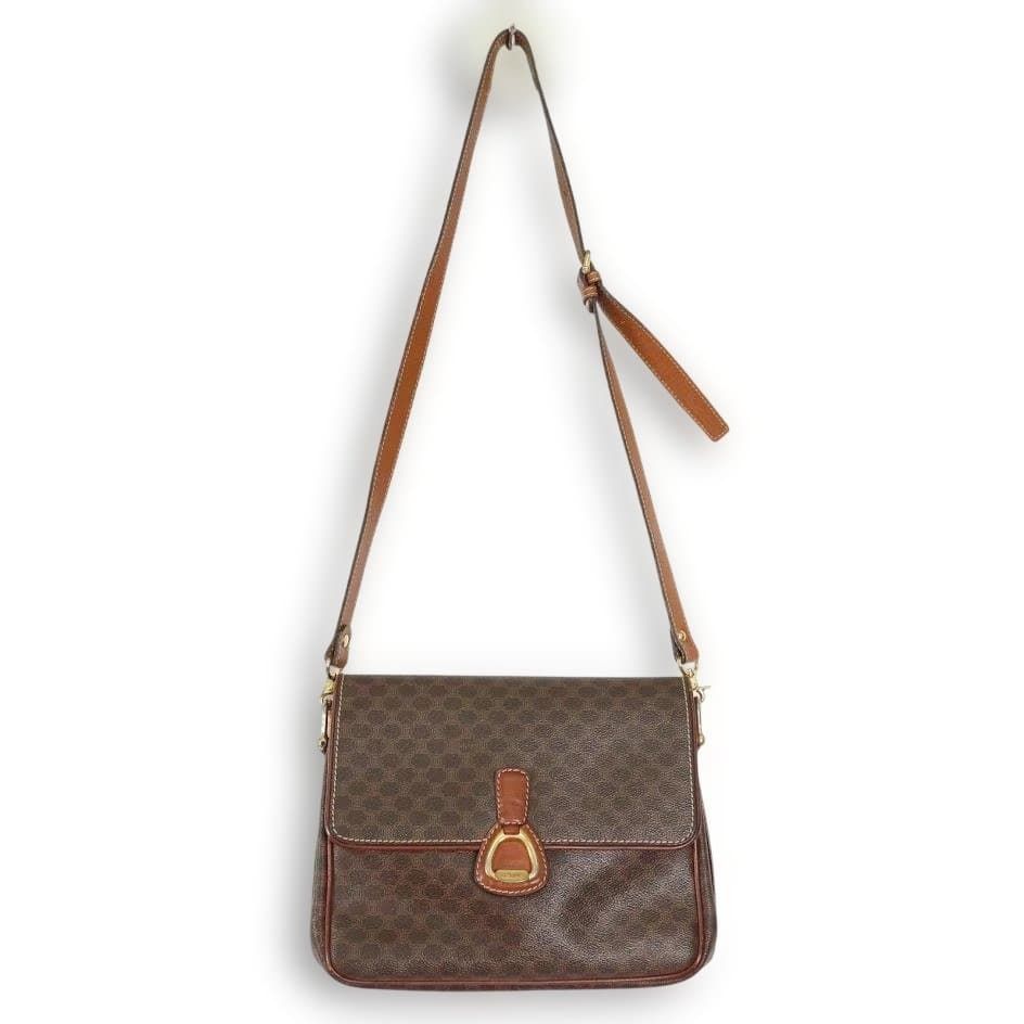 CELINE セリーヌ マカダム ショルダーバッグ レザー PVC 茶