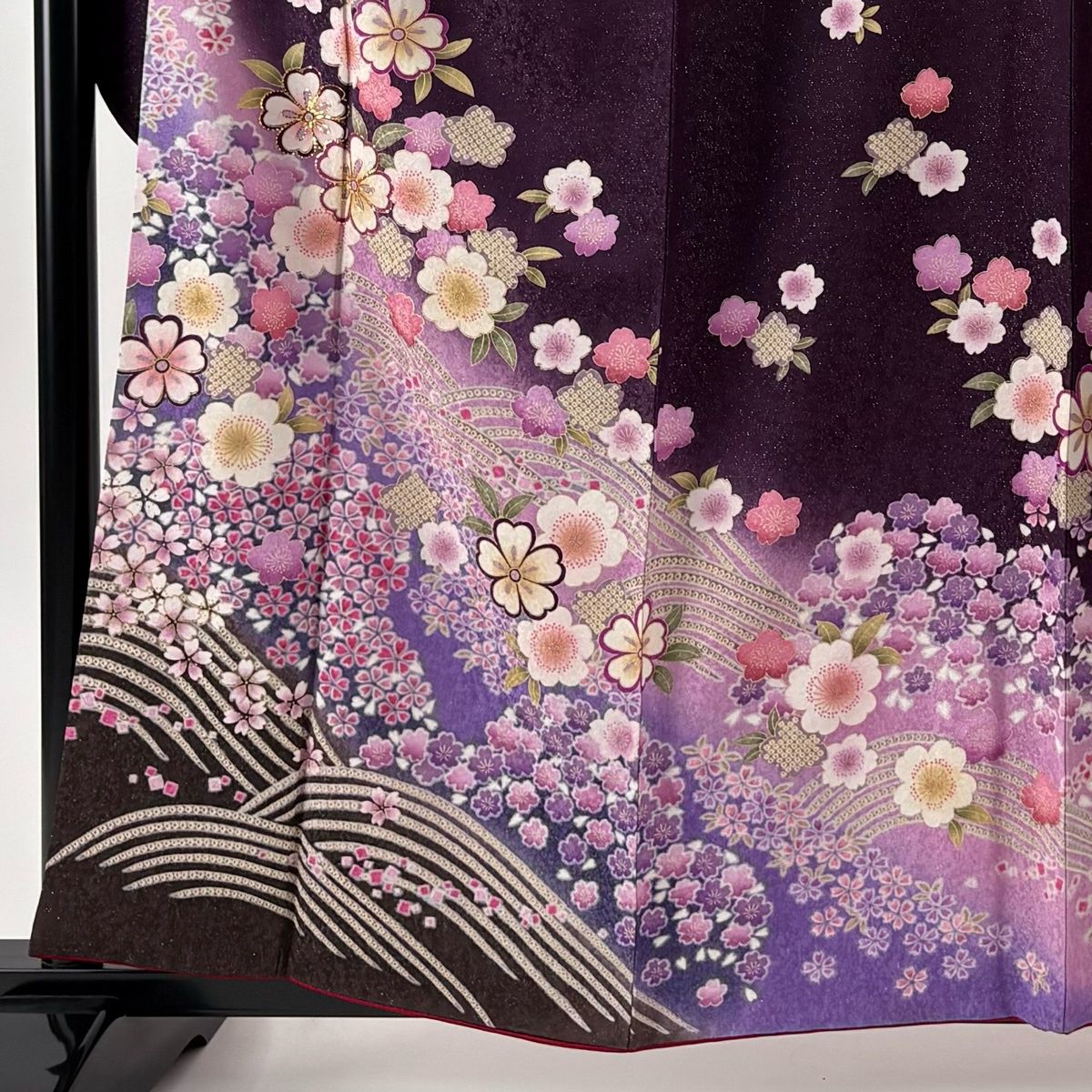 振袖 身丈157cm 裄丈65.5cm M 袷 袋帯フルセット 桜 波 銀通し 箔 紫 