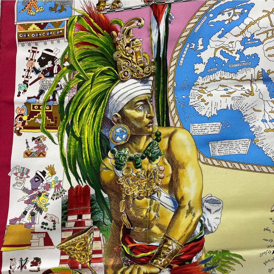 美品 エルメス カレ90 Les Ameriques COLOMBVS シルクスカーフ レッド