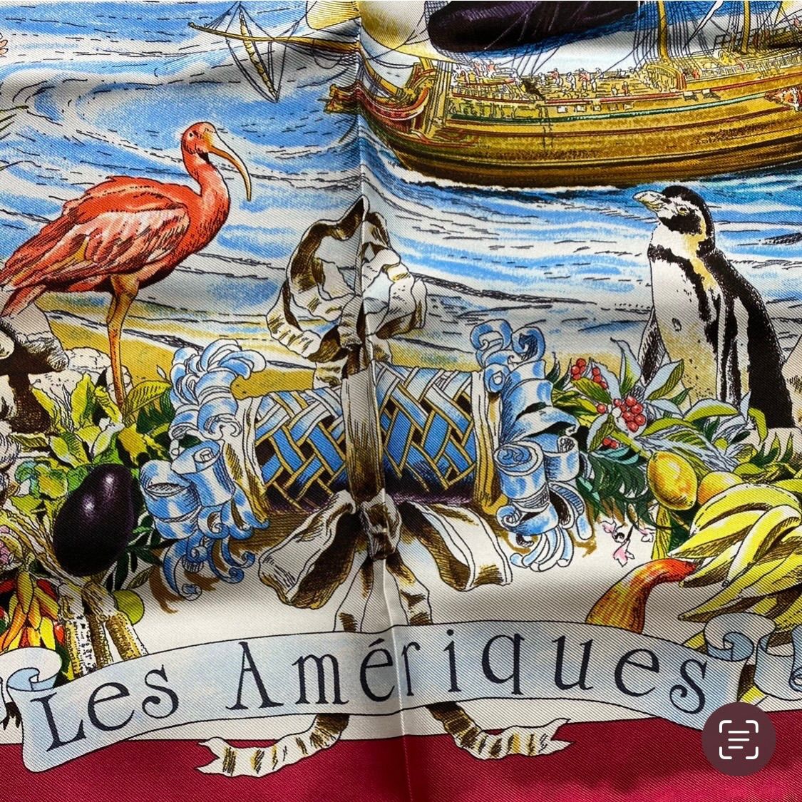 美品 エルメス カレ90 Les Ameriques COLOMBVS シルクスカーフ レッド