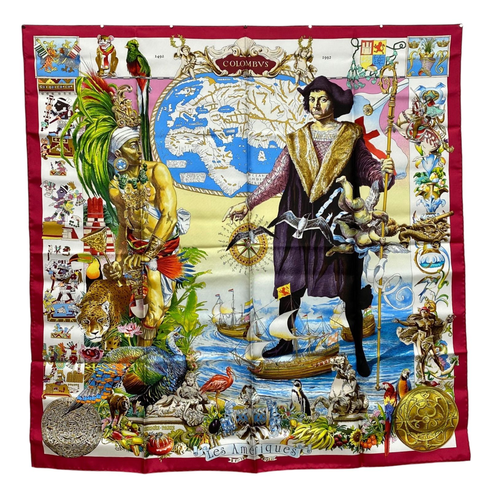 美品 エルメス カレ90 Les Ameriques COLOMBVS シルクスカーフ レッド