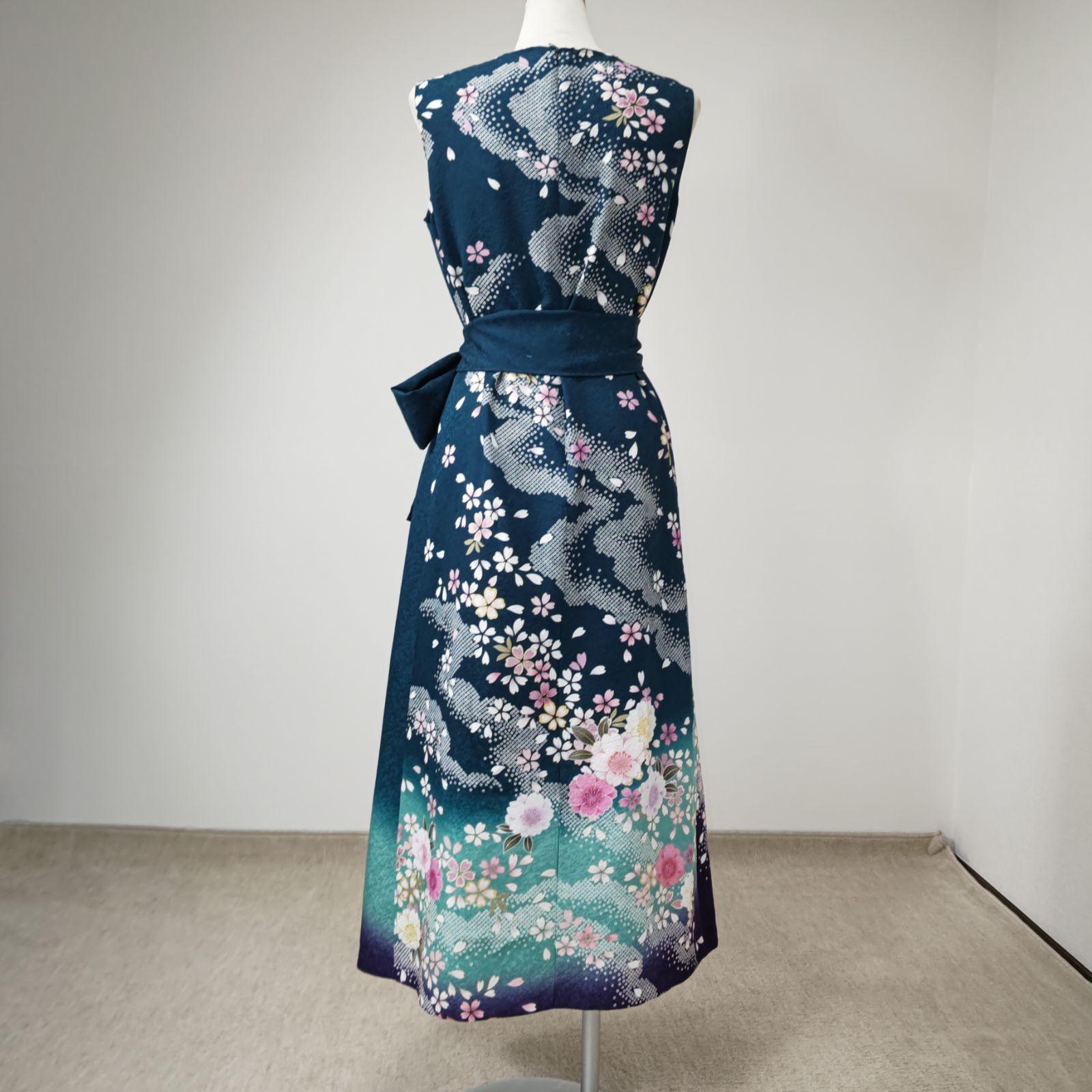 zunezune 振袖ドレス ノースリーブ 着物リメイクワンピース 青緑