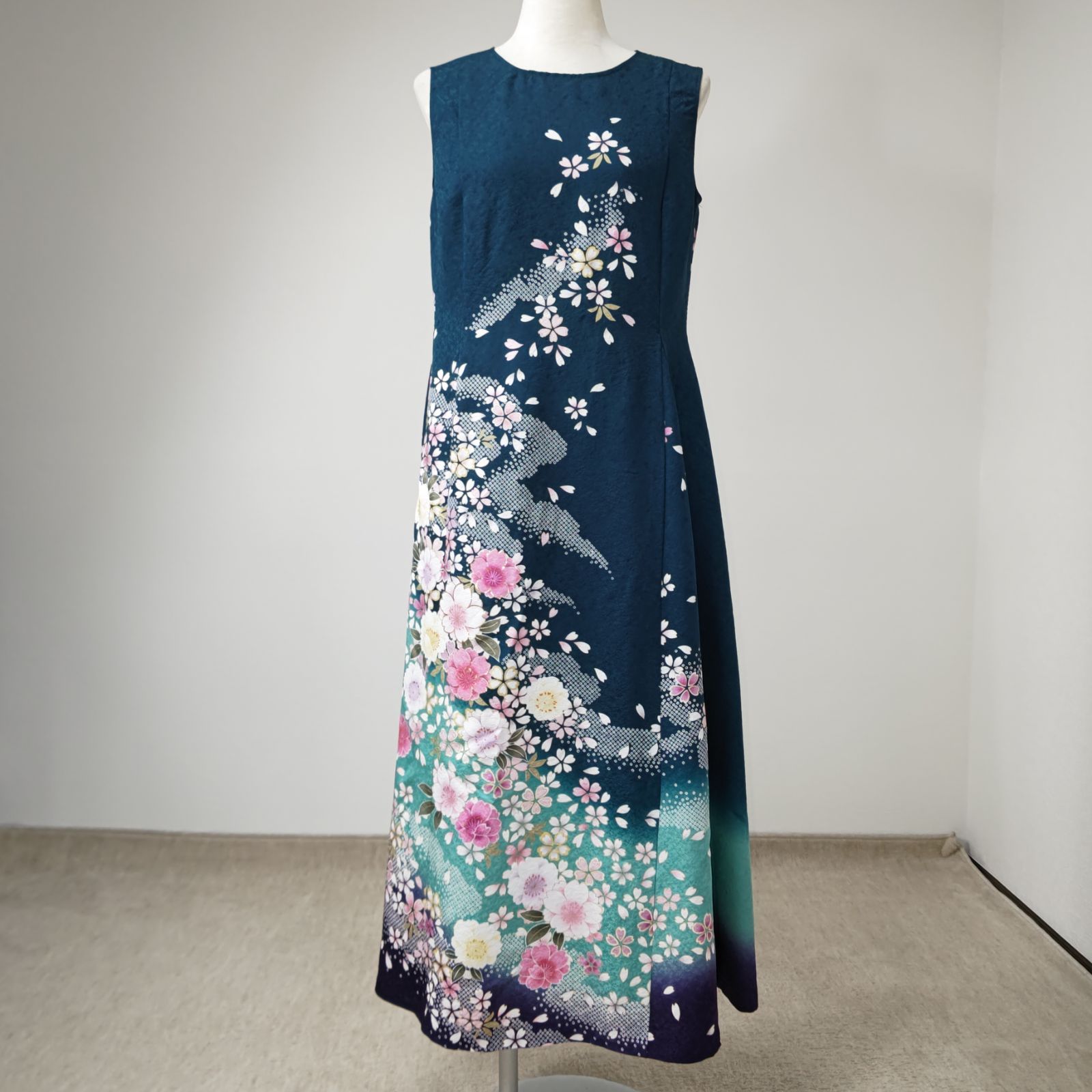 zunezune 振袖ドレス ノースリーブ 着物リメイクワンピース 青緑