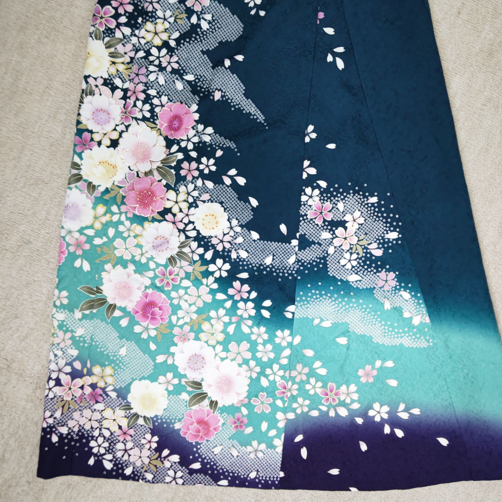 zunezune 振袖ドレス ノースリーブ 着物リメイクワンピース 青緑