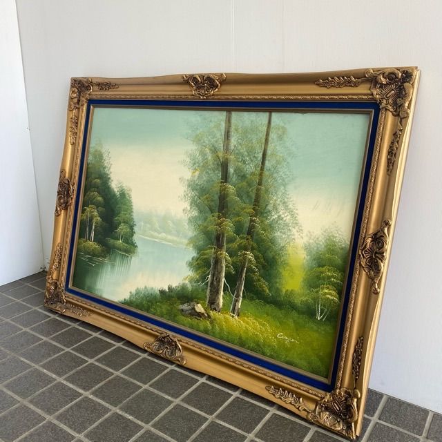 配送不可、現地引取のみ、リユース品】油彩画 湖畔風景画 ゴールド