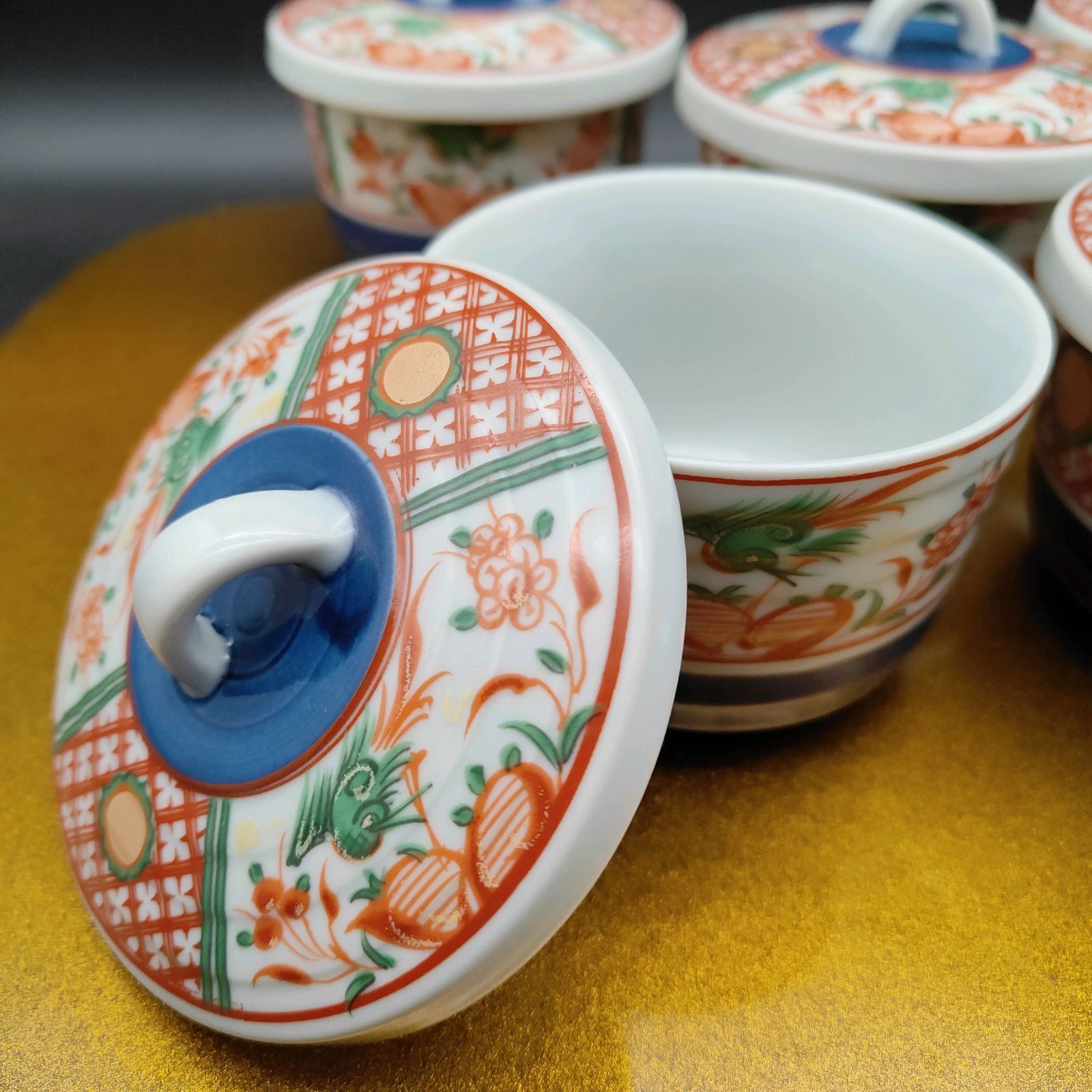 幸泉窯 茶碗蒸し器 5客セット 有田焼 呉須赤絵 花鳥図 煮物碗 蓋付き碗
