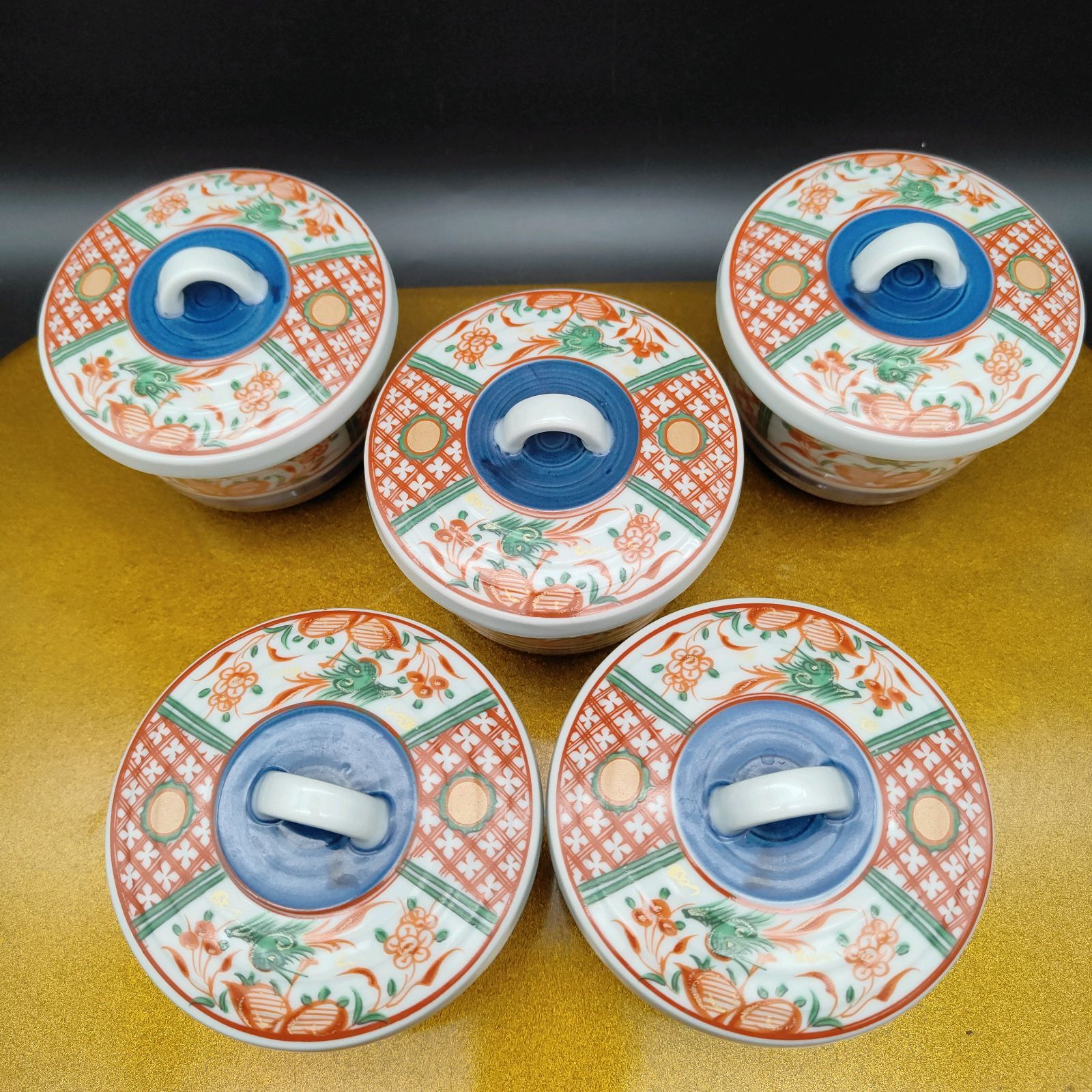 幸泉窯 茶碗蒸し器 5客セット 有田焼 呉須赤絵 花鳥図 煮物碗 蓋付き碗