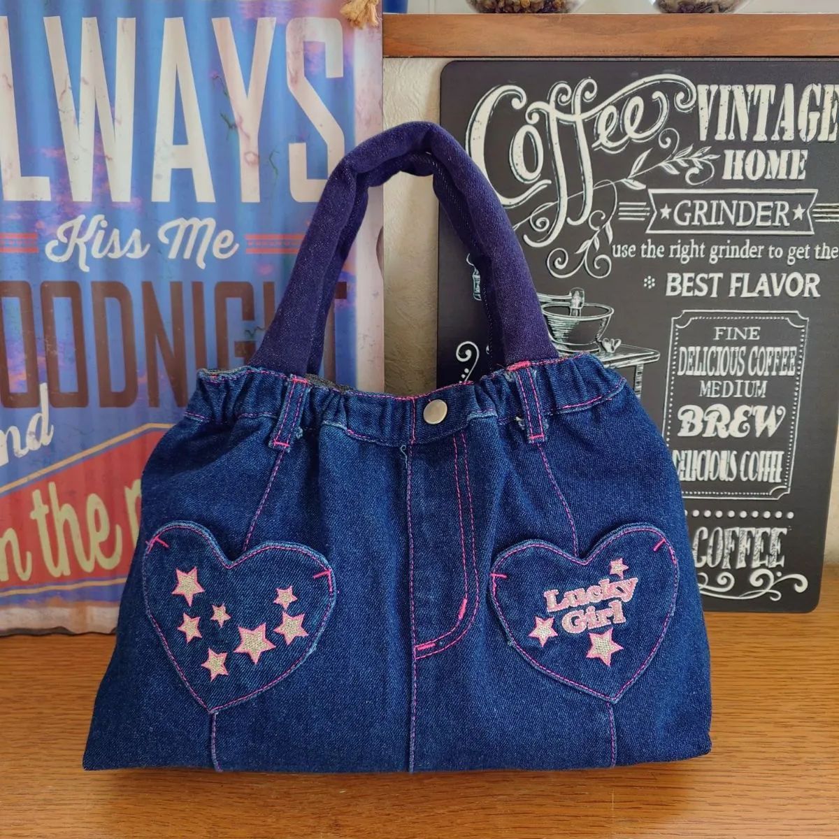73☆USEDデニムリメイク☆トートバッグ☆ハートポケット☆ジーンズ