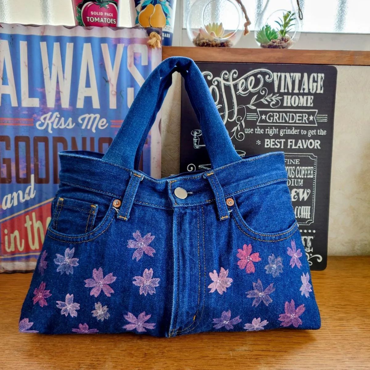 62☆USEDデニムリメイク☆トートバッグ☆サクラペイント☆ジーンズ 