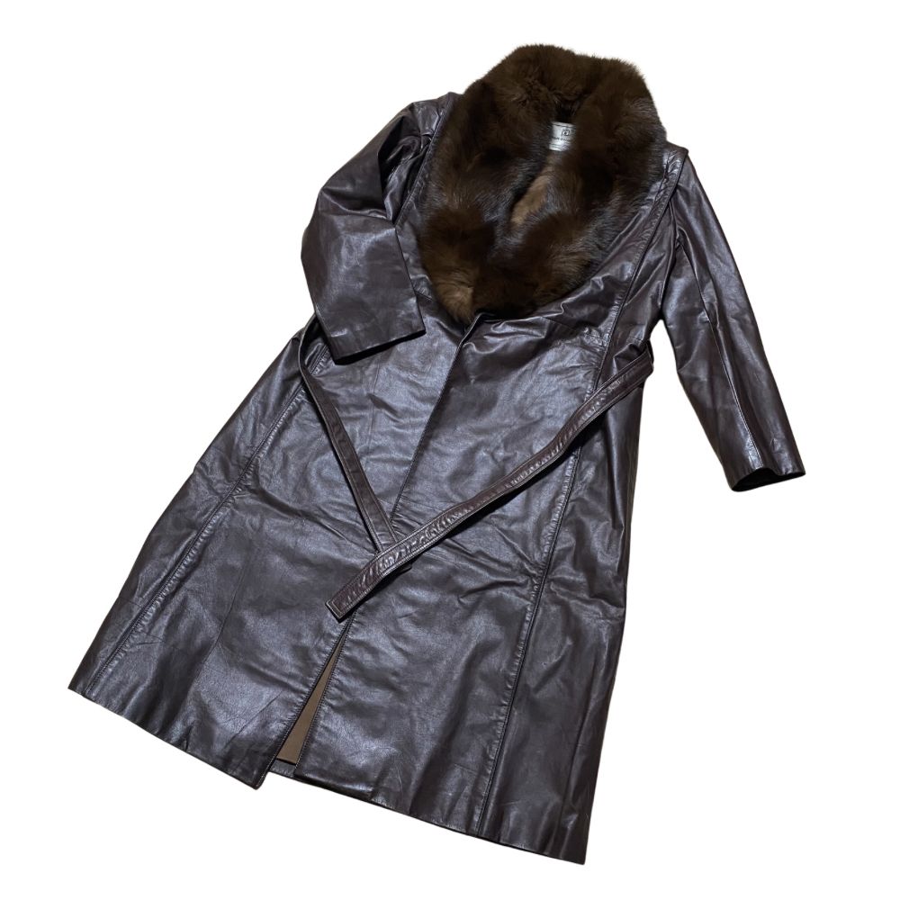 ファー付きレザーコート 牛革 ブラウン ロングコート ファーコート 13