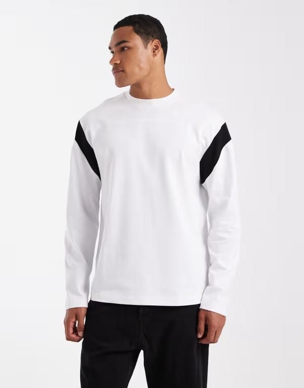 エイソス メンズ トップス Tシャツ コントラスト ASOS DESIGN heavyweight relaxed long sleeve Tshirt with contrast panel WHITE ホワイト