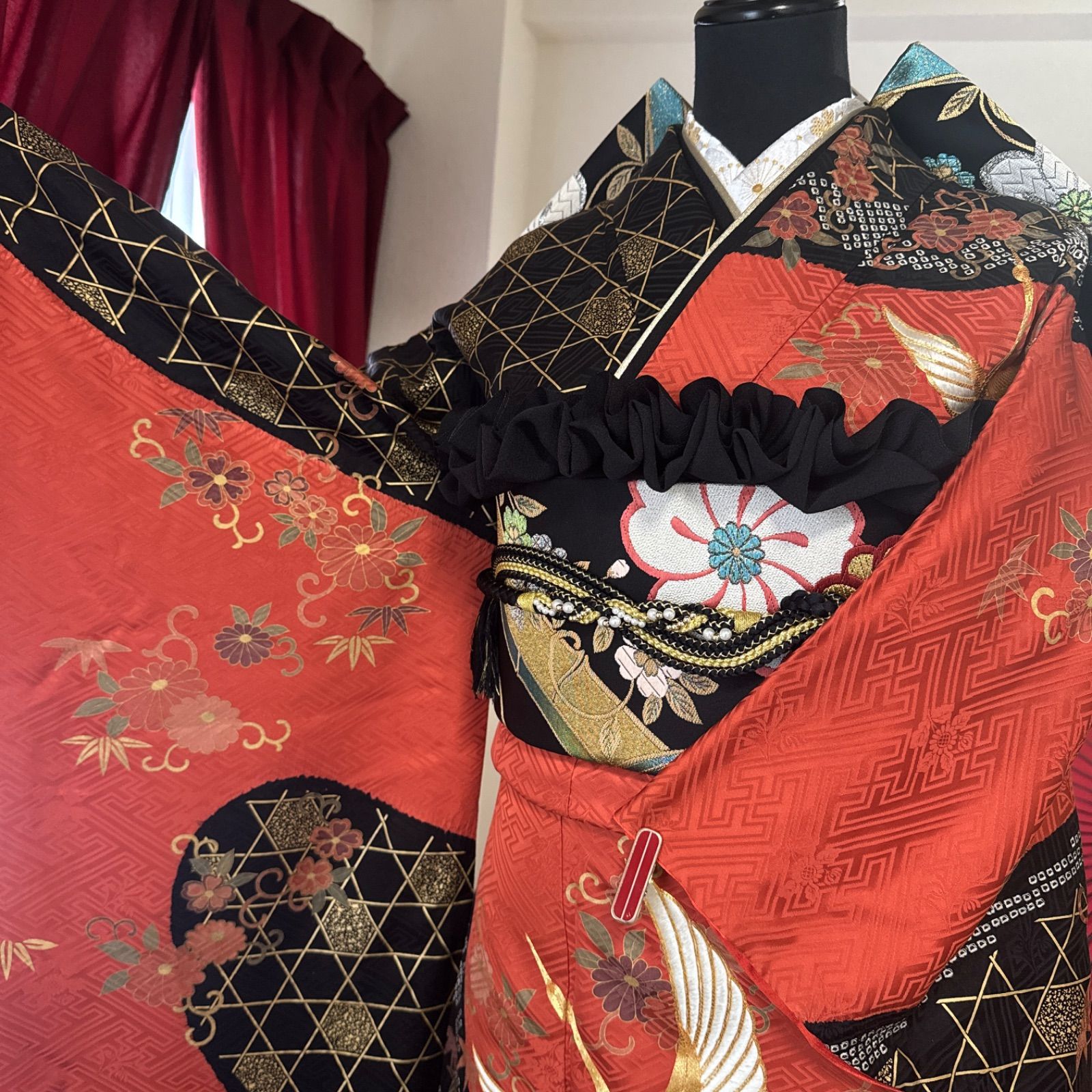 豪華振袖セット(4点)・袋帯・半衿・重ね衿・古典柄・飛鶴・鹿の子絞り