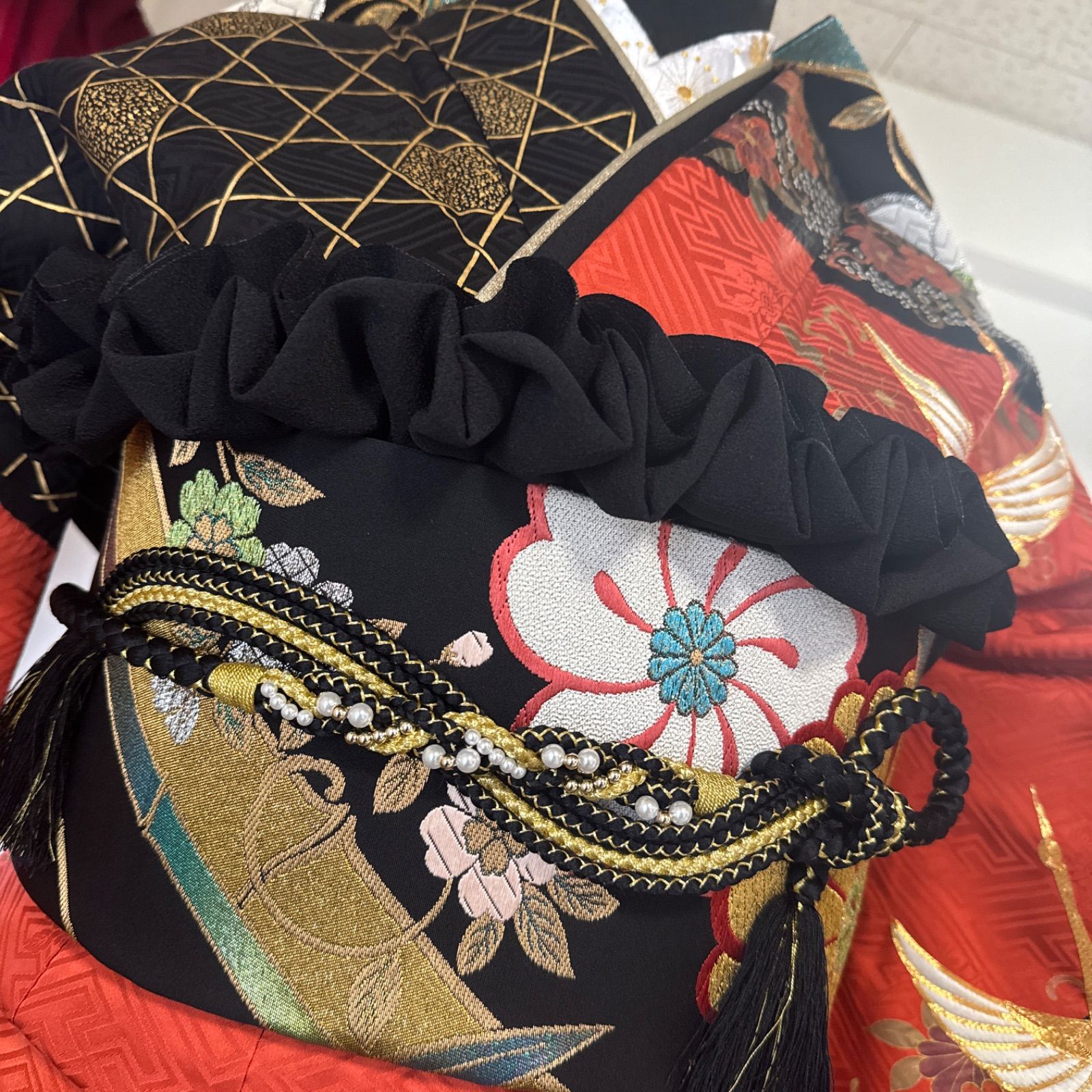 豪華振袖セット(4点)・袋帯・半衿・重ね衿・古典柄・飛鶴・鹿の子絞り