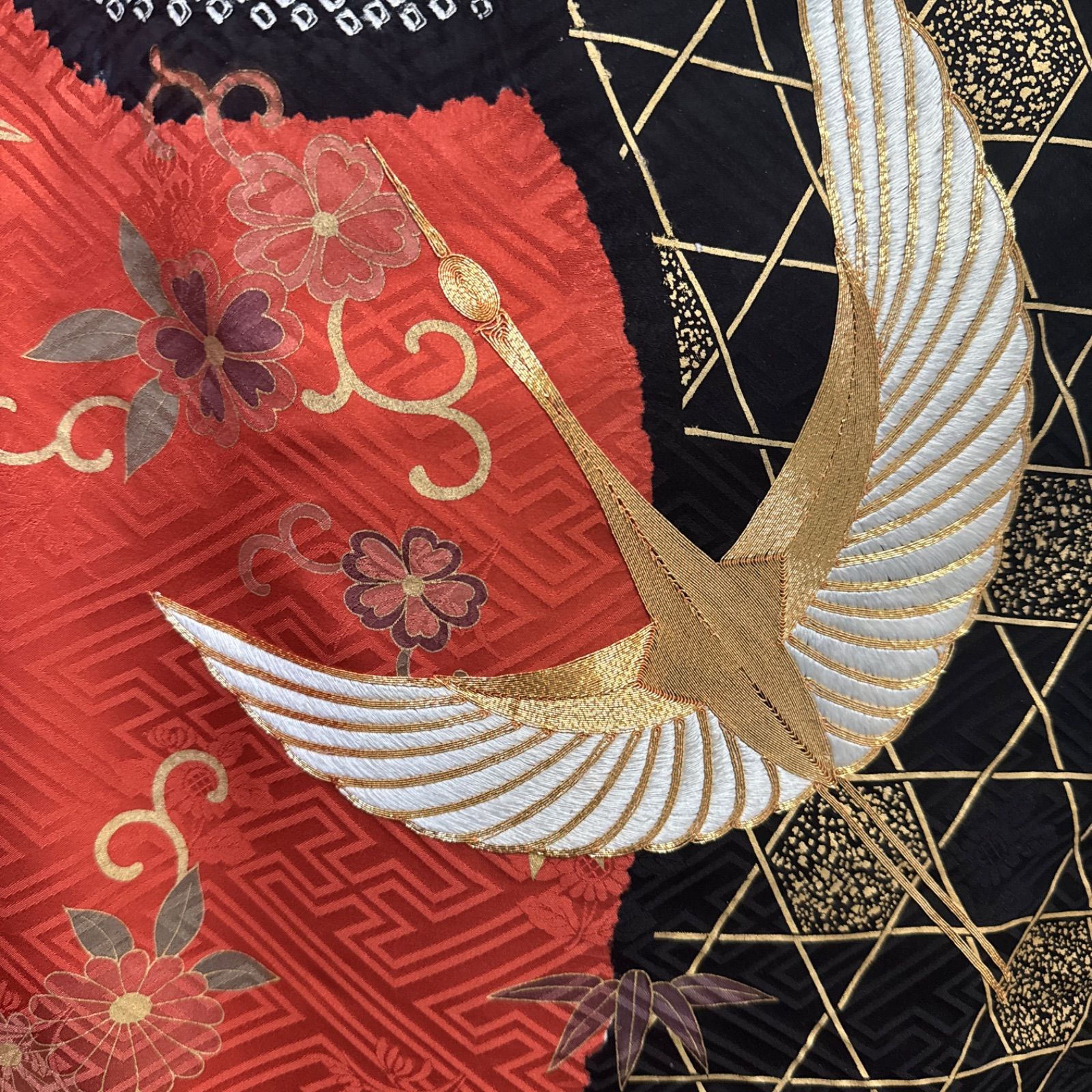 豪華振袖セット(4点)・袋帯・半衿・重ね衿・古典柄・飛鶴・鹿の子絞り