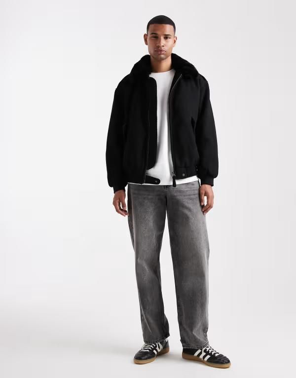 エイソス メンズ アウター ジャケット・ブルゾン ウール ジャケット ASOS DESIGN wool look bomber jacket with faux fur collar Black ブラック