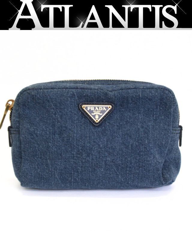 美品 プラダ PRADA 三角ロゴ ミニポーチ デニム ブルー 【73606