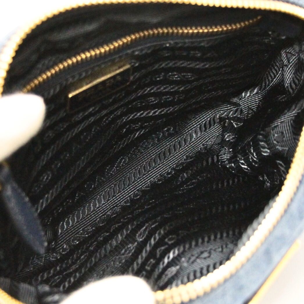 美品 プラダ PRADA 三角ロゴ ミニポーチ デニム ブルー 【73606