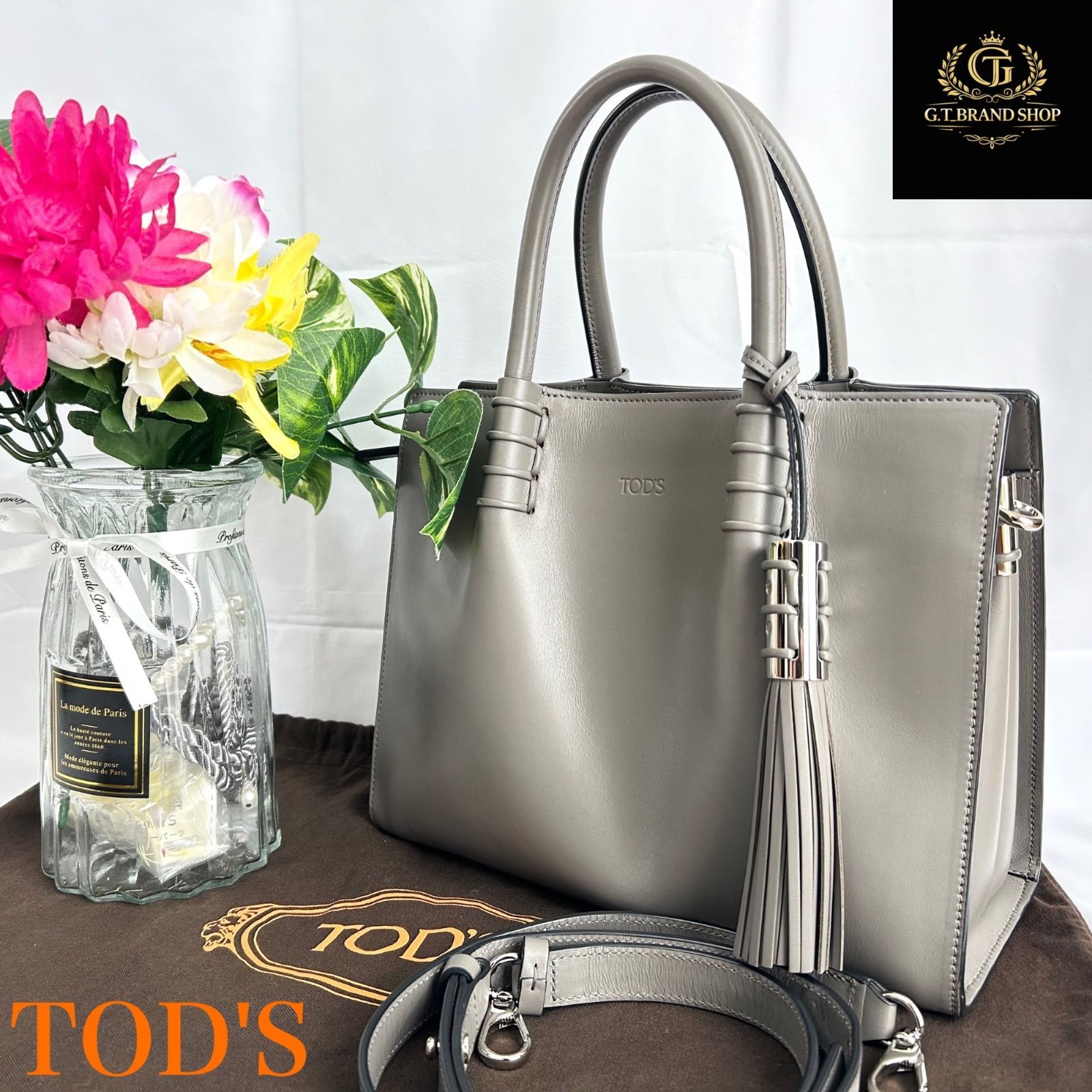 極美品 トッズ レザー 2wayハンドバッグ ショルダーバッグ グレー