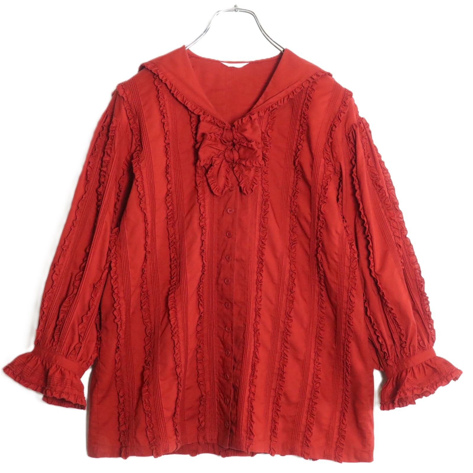 ピンクハウス☆セーラー襟とリボンのローンブラウス 赤系 前開き