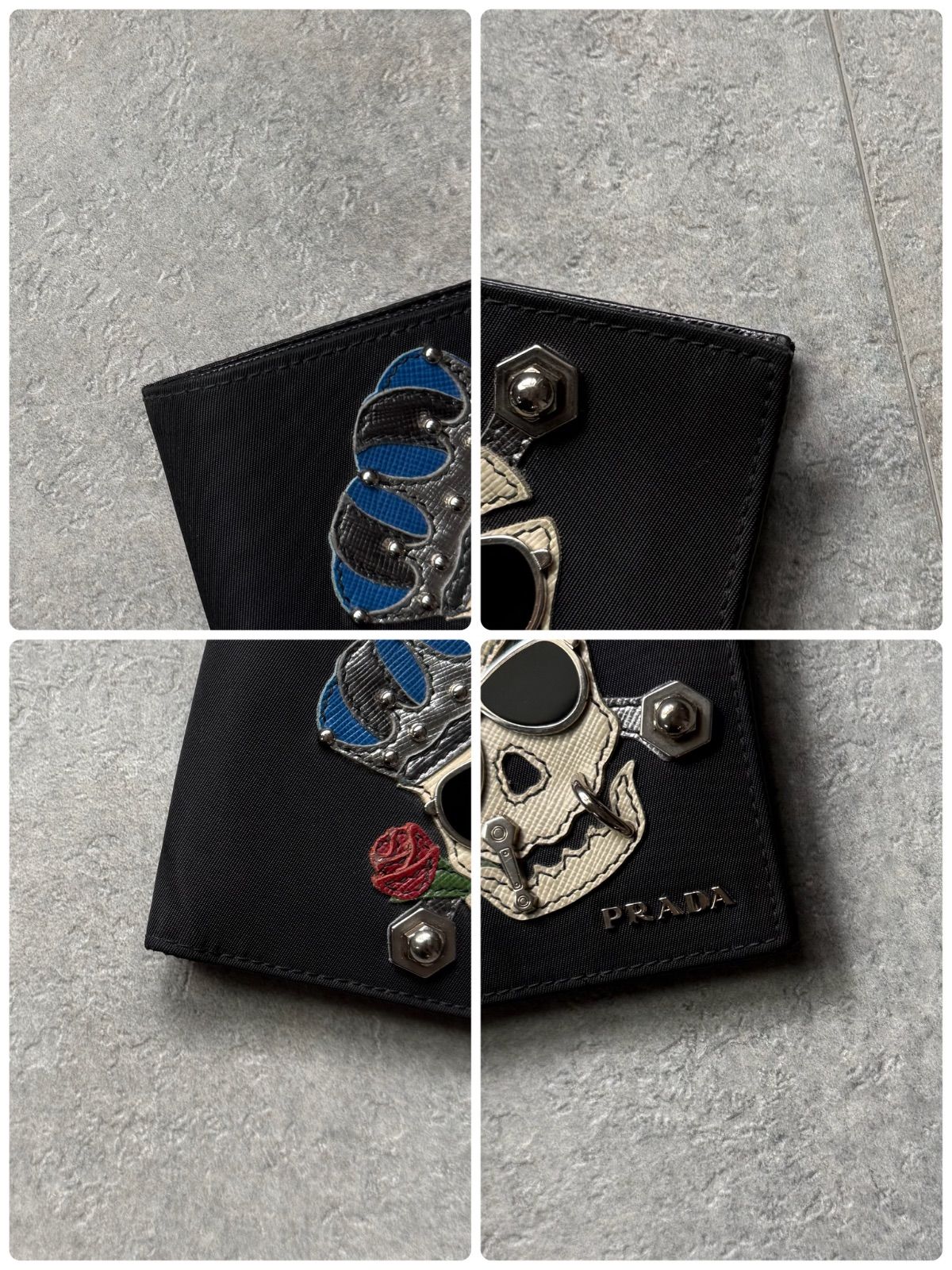希少 PRADA プラダ ドクロ スカル刺繍 二つ折り財布 ナイロン