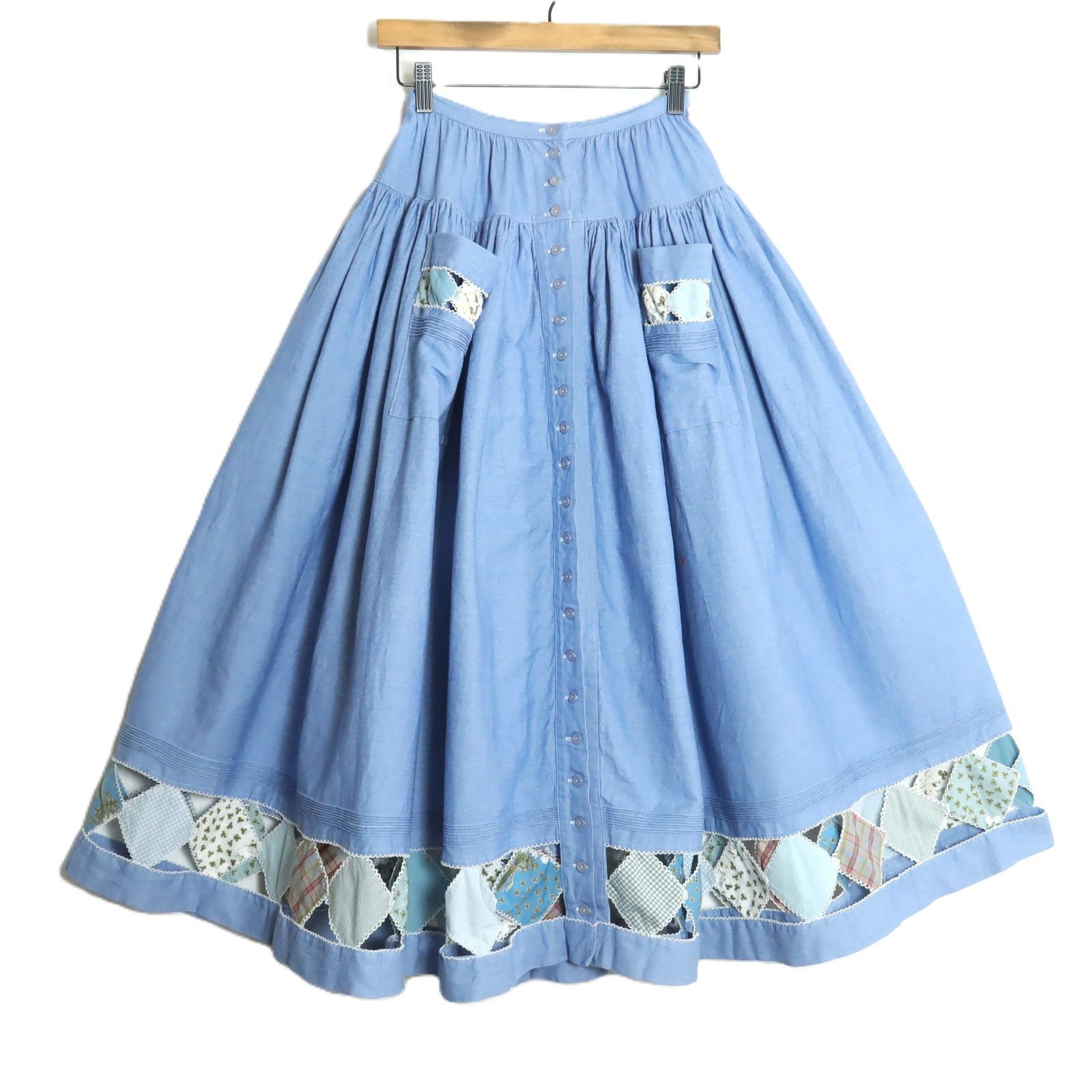 ピンクハウス☆裾パッチワーク♪前開きデニムスカート 水色系