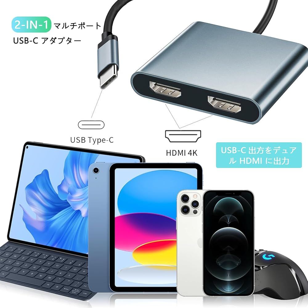 Dual monitor adapter type c to hdmi 4K デュアル モニター用 8K DisplayPort - デュアル HDMI アダプター