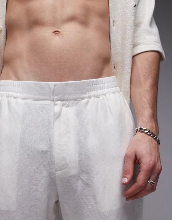 トップマン メンズ ボトムス カジュアルパンツ テーパードフィット パンツ リネン Topman tapered fit linen pants ecru ECRU エクリュ