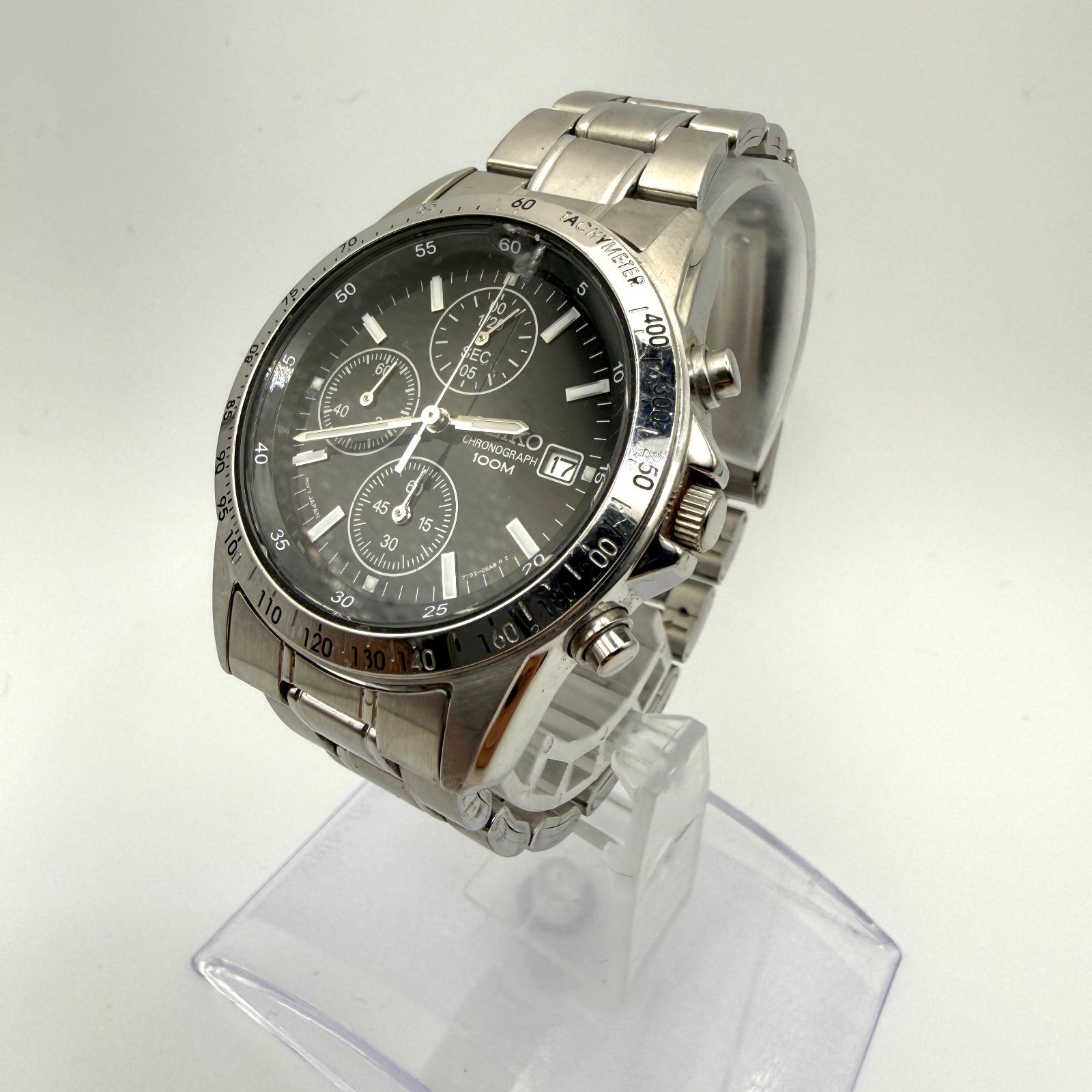 稼働品 SEIKO セイコー SEIKO 7T92-0DW0 クロノグラフ クォーツ デイト メンズ 稼働品 100M タキメーター ブラック文字盤 ケース径38mm ビジネス カジュアル 腕時計 ネイビー ブラック ビジネス 現状品 ヴィンテージ シルバー