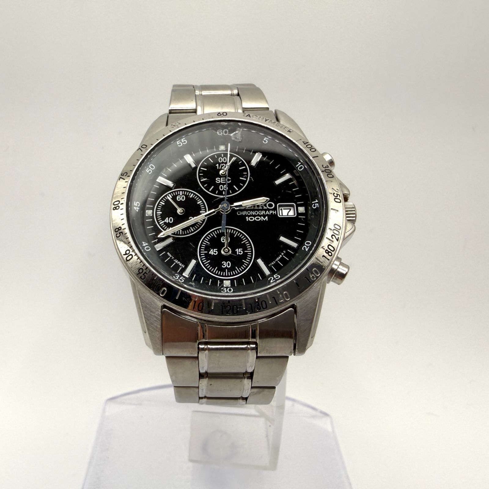  稼働品 SEIKO セイコー SEIKO 7T92-0DW0 クロノグラフ クォーツ デイト メンズ 稼働品 100M タキメーター ブラック文字盤 ケース径38mm ビジネス カジュアル 腕時計 ネイビー ブラック ビジネス 現状品 ヴィンテージ シルバー プチプラ 自動巻き時計 腕時計(アナログ)