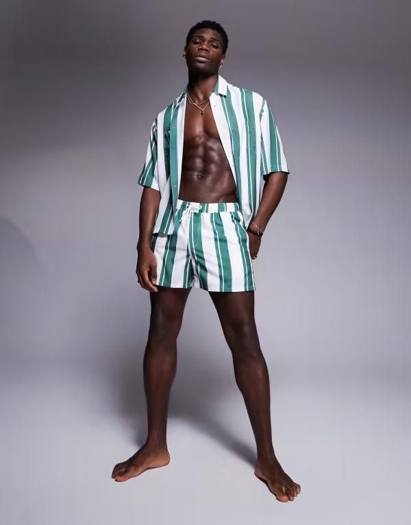 エイソス メンズ トップス シャツ ASOS DESIGN boxy oversized shirt and green stripe part of a set Whitegreen ホワイト