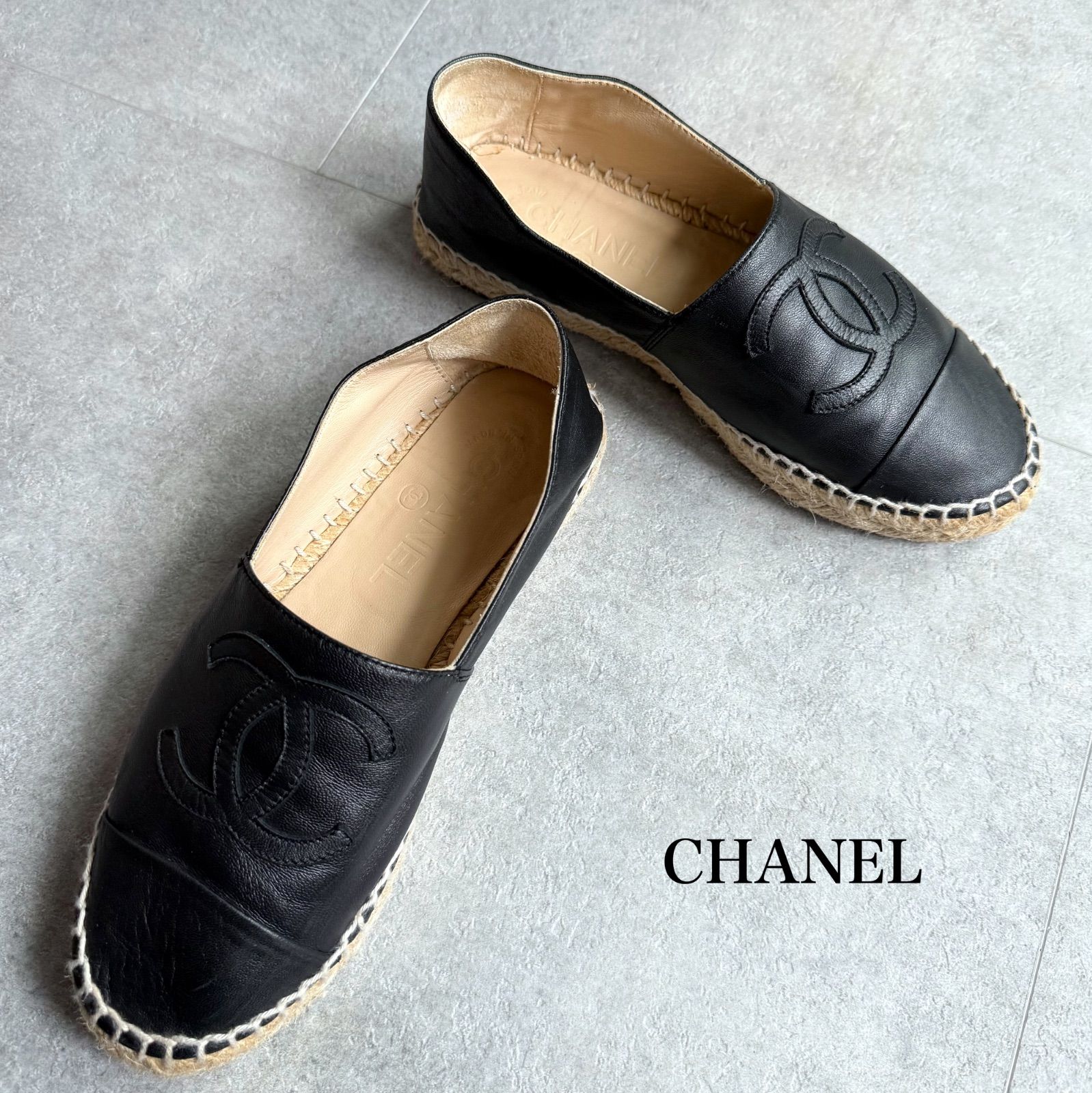 CHANEL シャネル エスパドリーユ レザー ココマーク フラットシューズ 