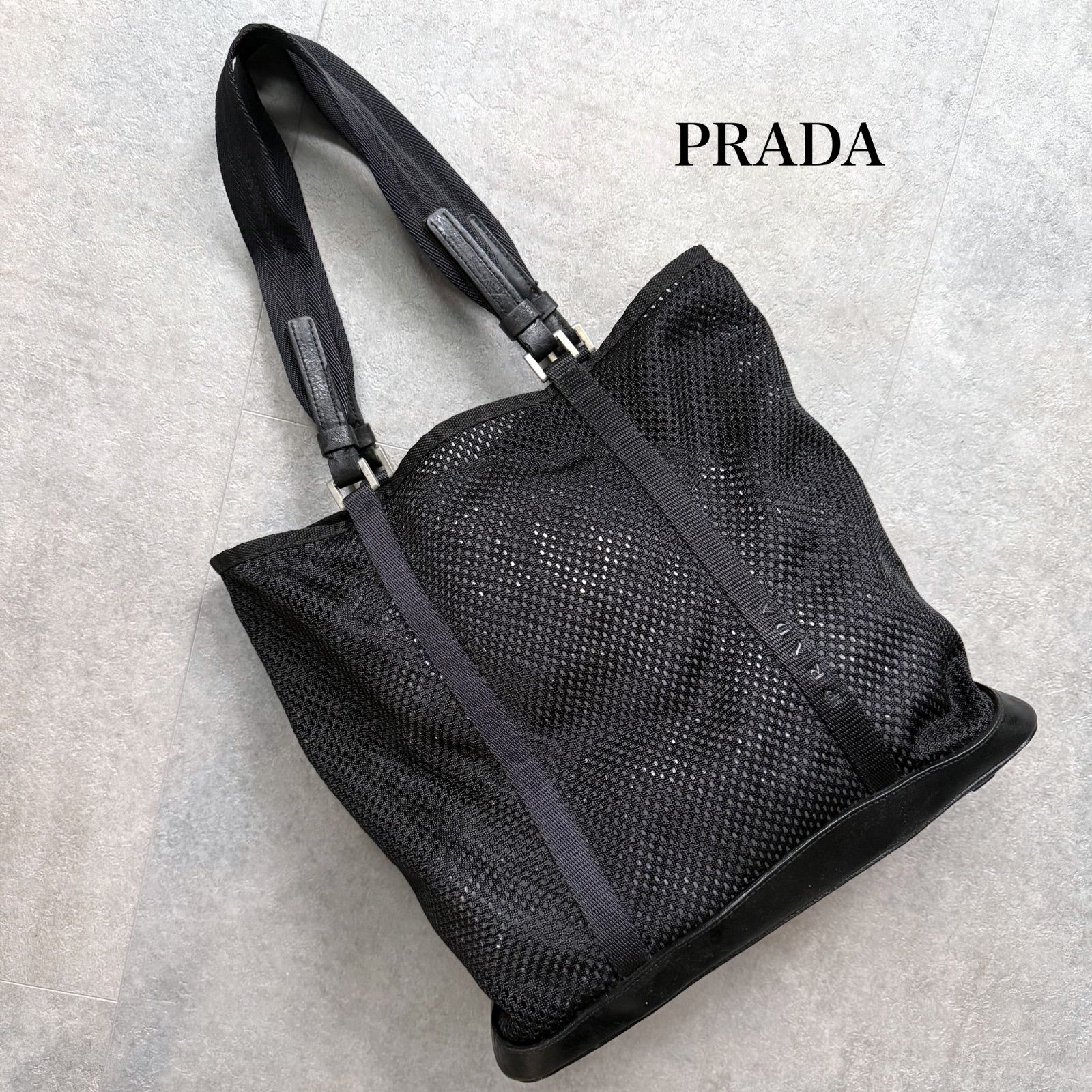 希少 PRADA プラダ メッシュ ロゴ トートバッグ ブラック 黒 プラダ 