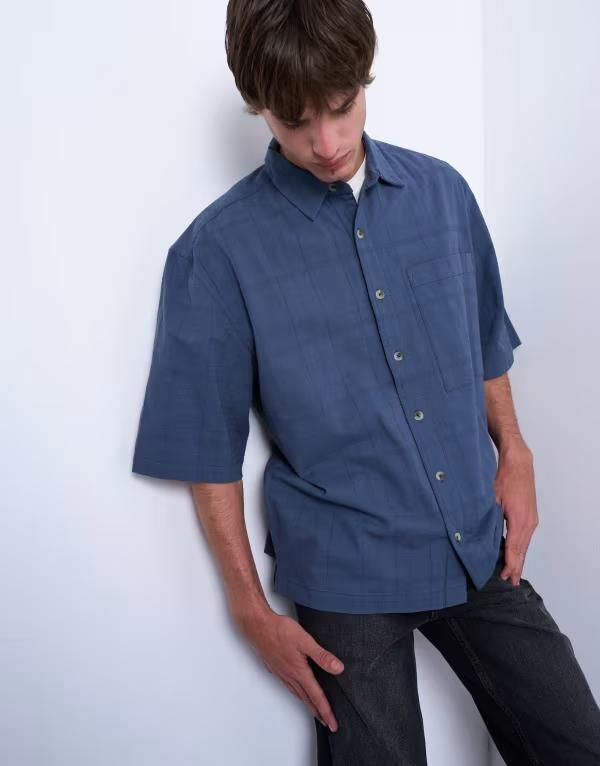 トップマン メンズ トップス シャツ Topman short sleeve boxy textured shirt in mid Petrol blue ブルー