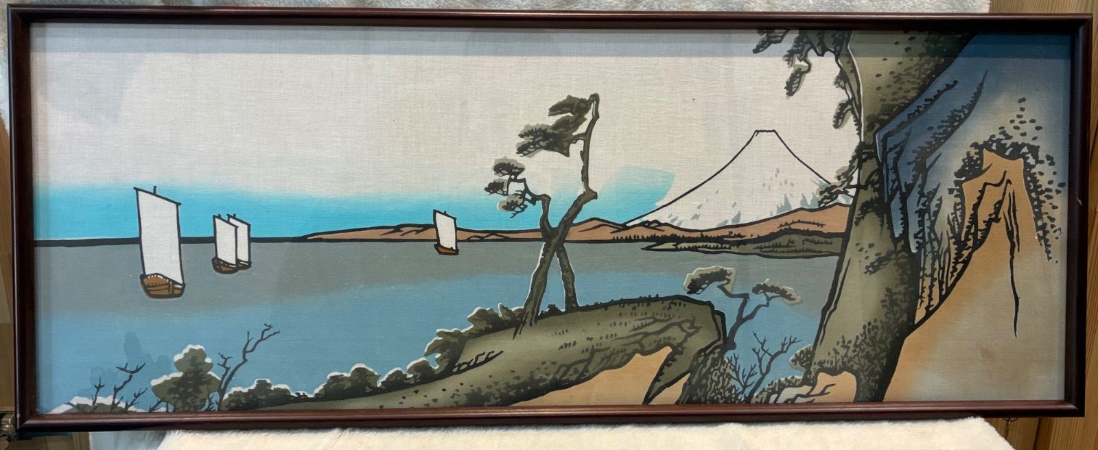 美品】日本画 富士山 帆船 雲海 額装 大作 横長 縁起物 風景画