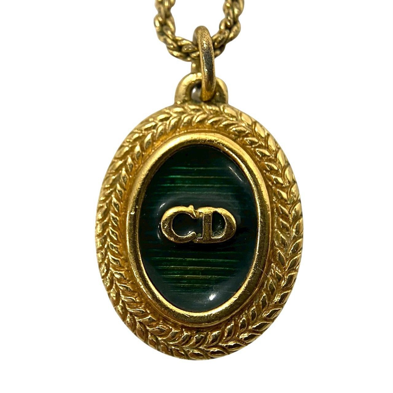 U【Dior】CDロゴ ネックレス ゴールド/金カラー グリーン オーバル 