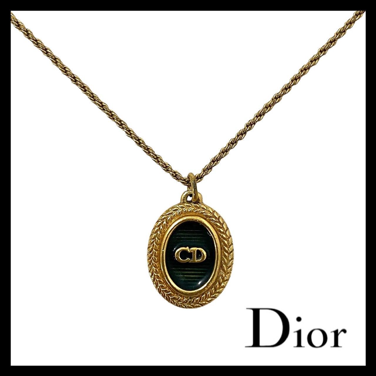 U【Dior】CDロゴ ネックレス ゴールド/金カラー グリーン オーバル