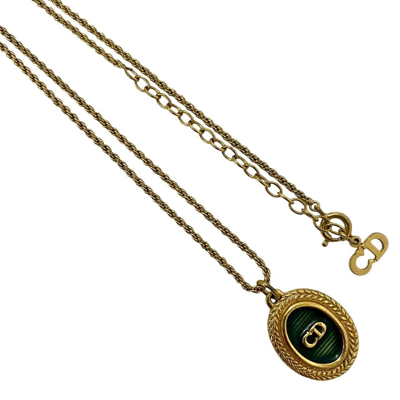 U【Dior】CDロゴ ネックレス ゴールド/金カラー グリーン オーバル