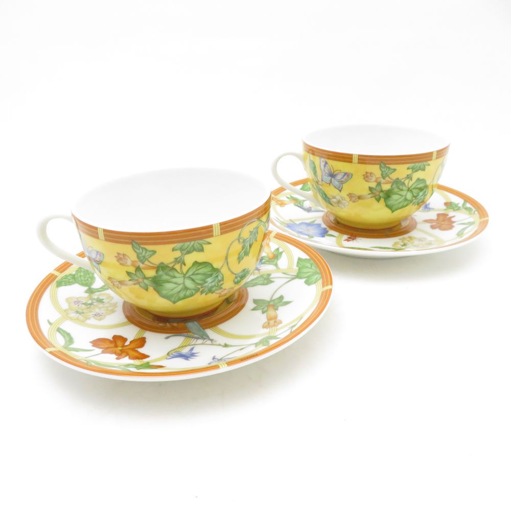 美品 HERMES エルメス シエスタ ティーカップ＆ソーサー 2客 ペア 花鳥 
