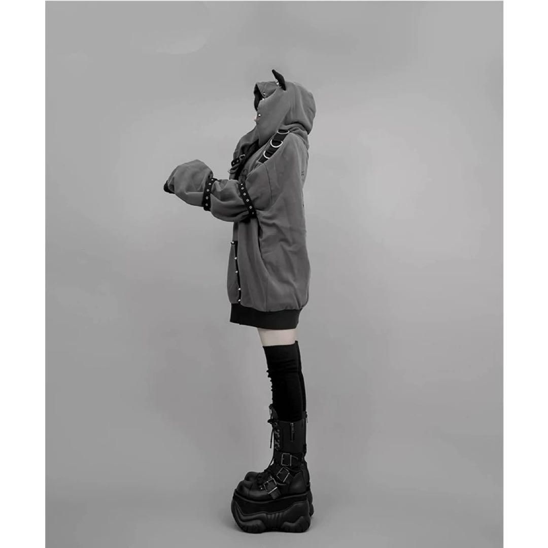 猫耳 パーカー パンク 地雷系 オーバーサイズ 病みかわ グレー 安全