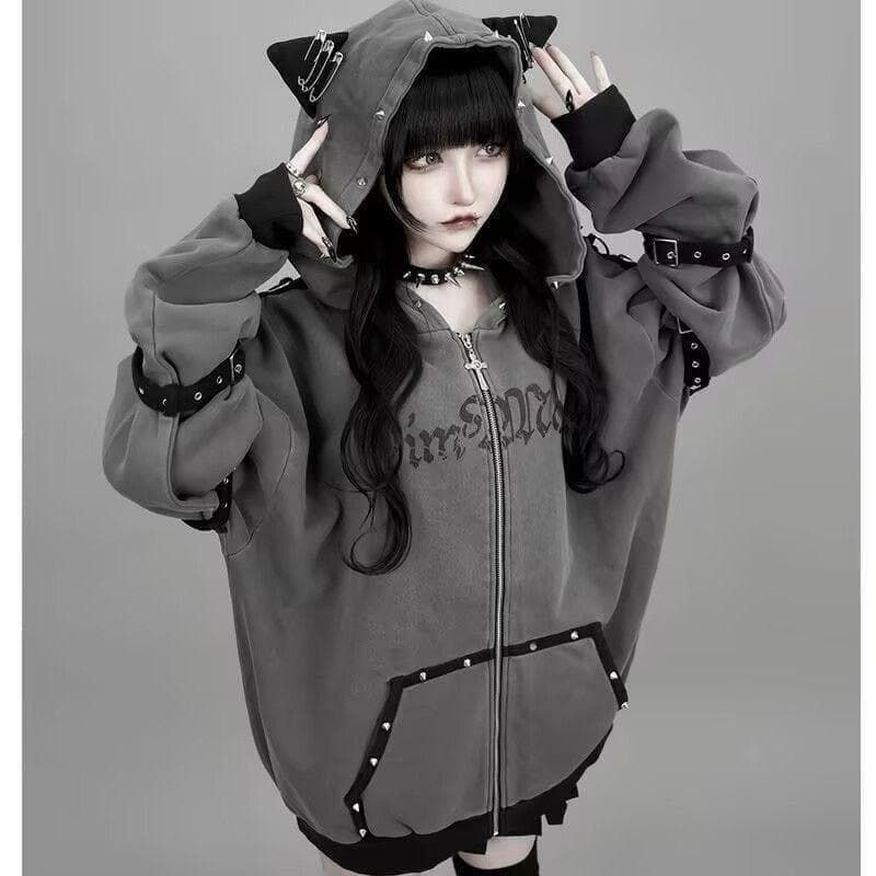 猫耳 パーカー パンク 地雷系 オーバーサイズ 病みかわ グレー 安全