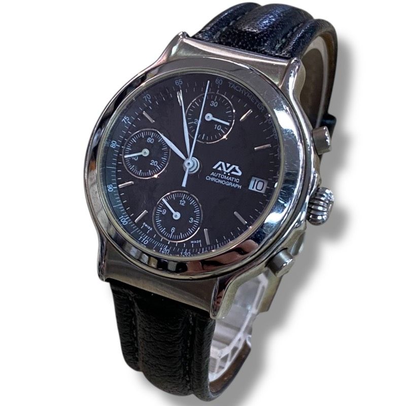 60 260120-10008-4484 SA2500 ヨコハマ A.V.S クロノグラフ 自動巻き 裏スケ デイト 文字盤ブラック 腕周り最大約18cm メンズ 腕時計 現状品
