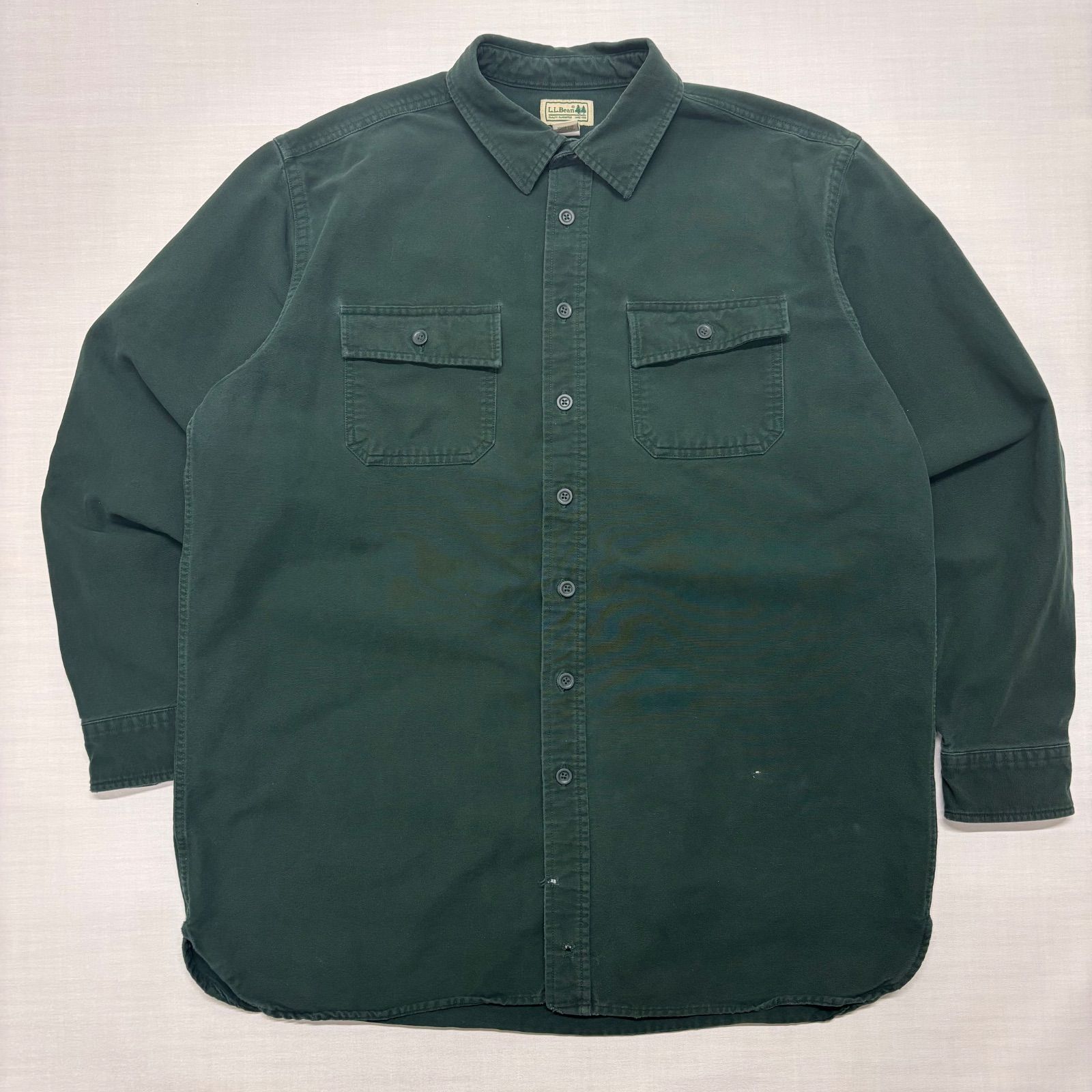 90s L.L.Bean キャンバス ワークシャツ 緑 XL TALL エルエルビーン ダックシャツ 長袖 無地 ヘビーウェイト 肉厚 メンズ オーバーサイズ グランジ ボロ フェード 古着 ビンテージ 【2070ST】