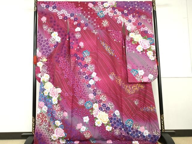 平和屋着物●豪華振袖　刺繍　草花文　金彩　暈し染め　ロング丈　正絹　逸品　未使用　AABG5399cs 平和屋着物○豪華振袖 刺繍 草花文 金彩 暈し染め ロング丈 正絹 逸品
