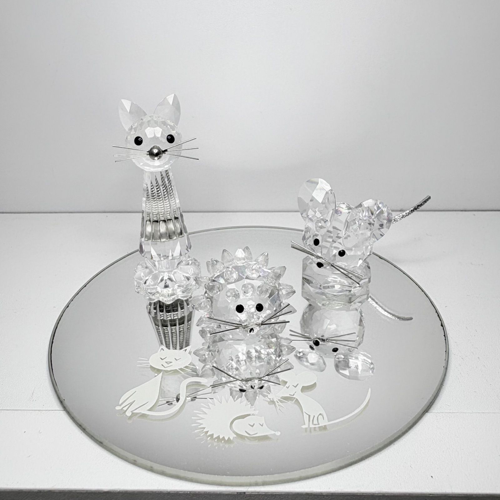 スワロフスキー 置物 レプリカ3点セット ネコ ネズミ ハリネズミ ミラー台付 ?