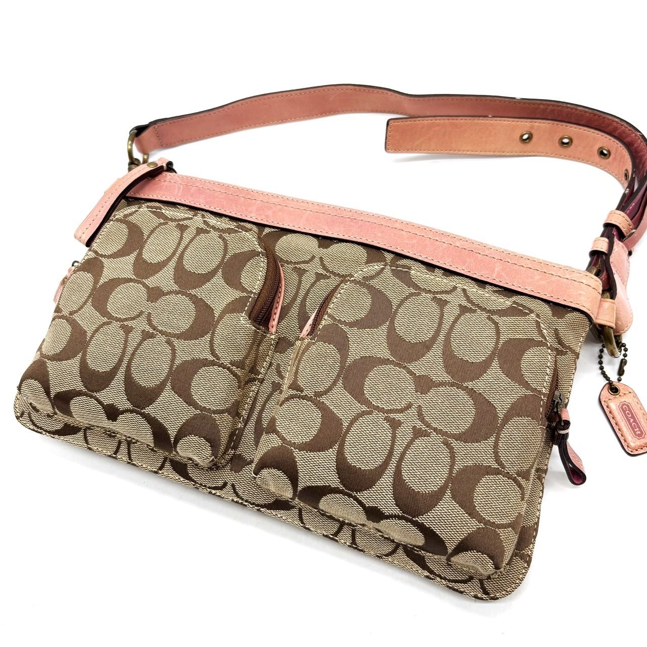 良品】COACH Y2K signature canvas leather pink beige shoulder bag 