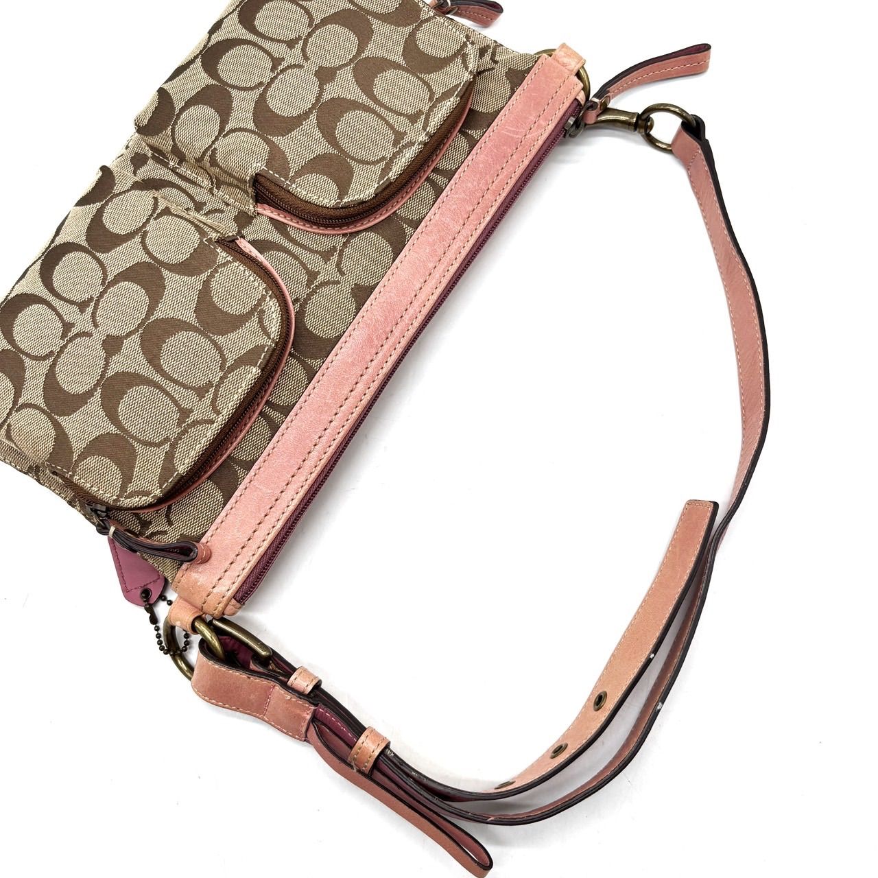 良品】COACH Y2K signature canvas leather pink beige shoulder bag 