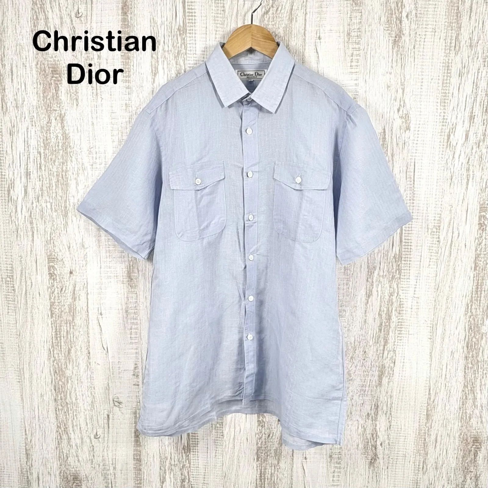 Christian Dior クリスチャンディオール トロッター ロゴ総柄 リネン コットン 半袖 ワイシャツ ブルー メンズ トップス